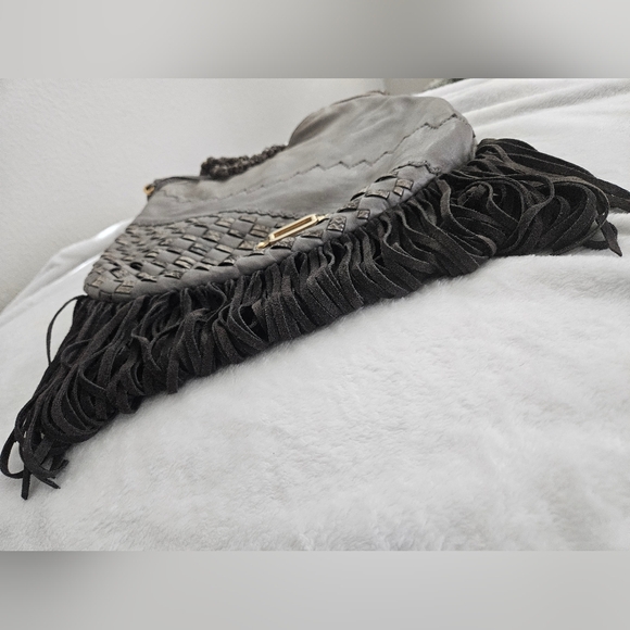Jimmy Choo Grey/Black Leather and Python Trim Tatum Fringe Hobo - Picture 3 of 8